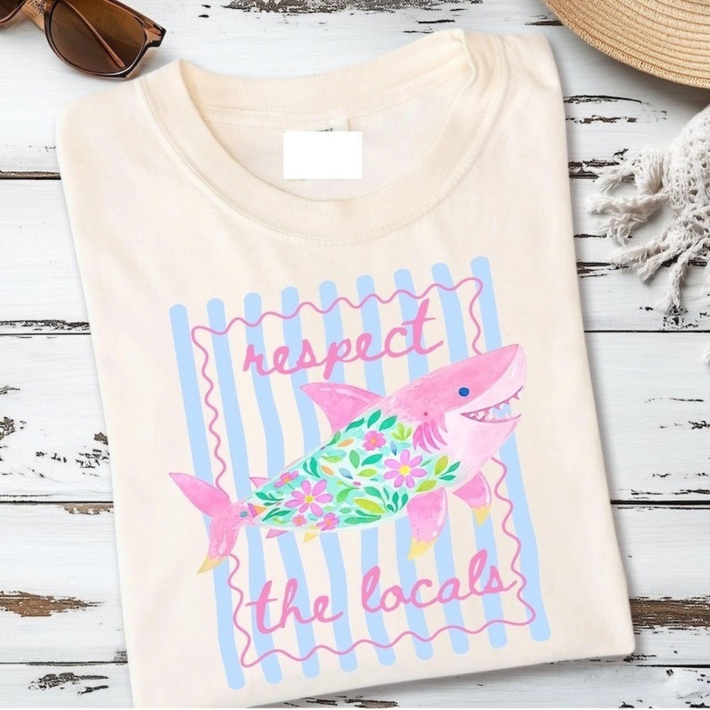 Respect The Locals Shark Tee, Shark Preppy Floral Beach Tee